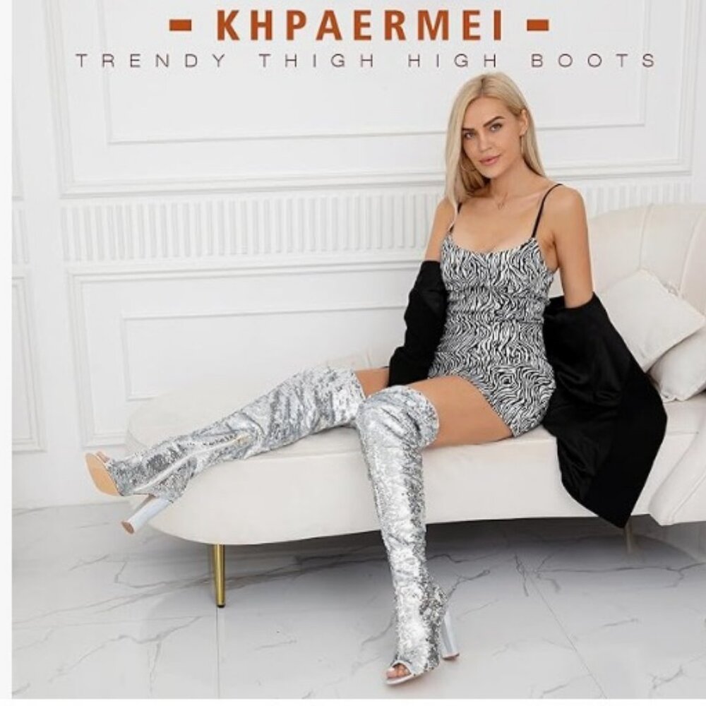 KHPAERMEI Sexy Sparkly Size 8 Thigh High Boots Open Toe Chunky Heel